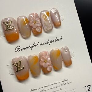 3D Floral Inspired Press On Nails in Orange Pink Accents